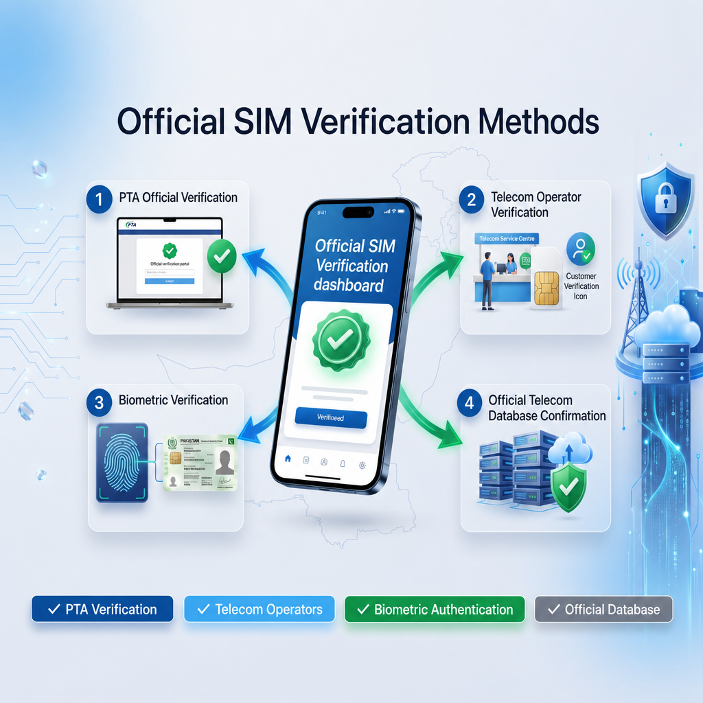 Official SIM verification methods in Pakistan showing PTA verification, telecom operator verification, biometric authentication and official telecom database confirmation.