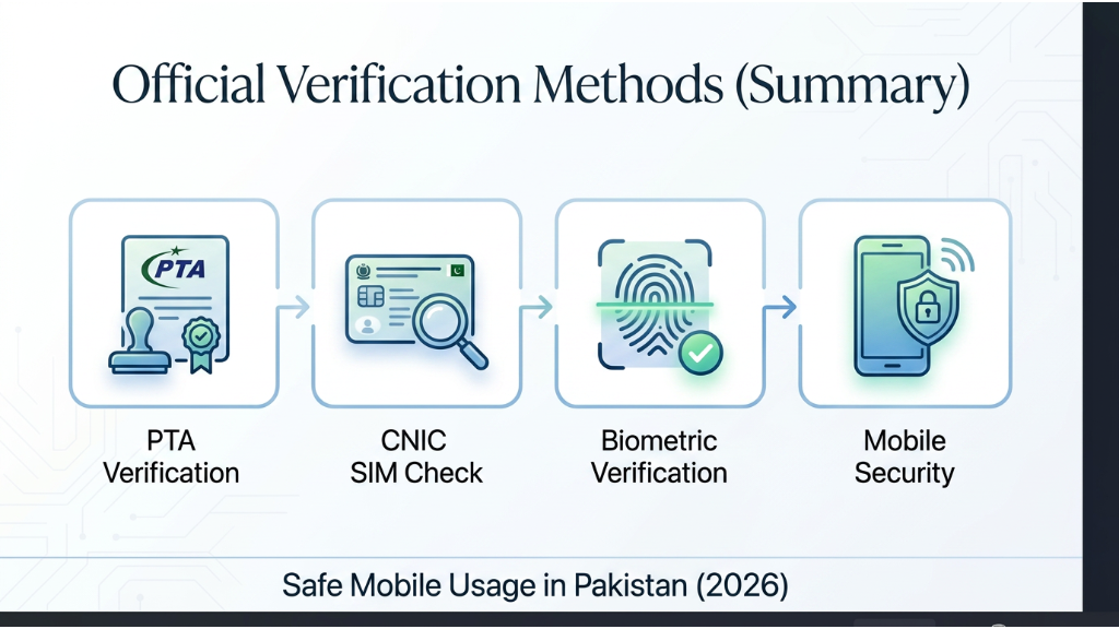 Official verification methods in Pakistan including PTA verification, CNIC SIM check, biometric verification, and mobile security.