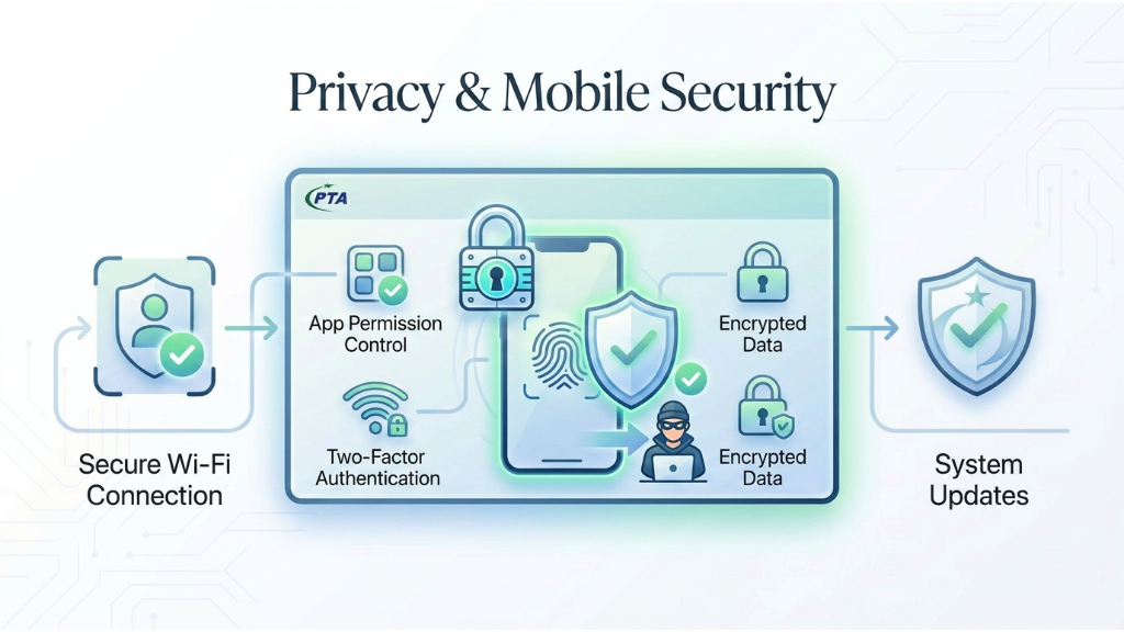 Privacy and mobile security tips including encrypted data, app permissions, secure Wi-Fi, and two-factor authentication.