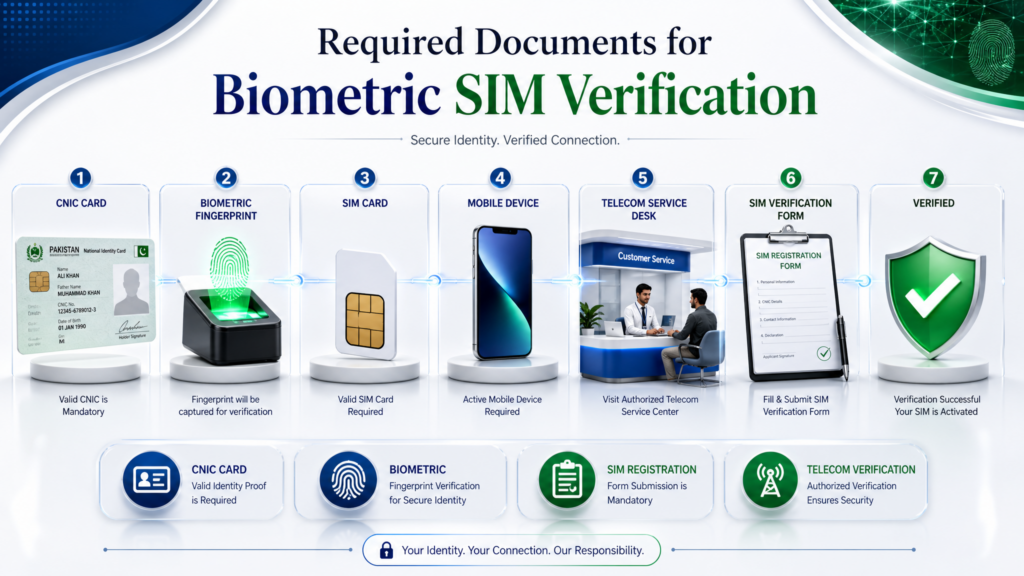 Required documents for biometric SIM verification in Pakistan including CNIC card, fingerprint verification, SIM card, mobile device and telecom service desk.
