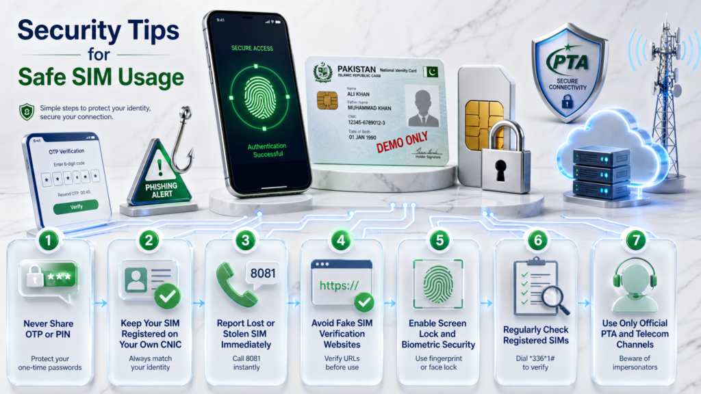 Security tips for safe SIM usage in Pakistan including OTP protection, CNIC verification, reporting lost SIM, biometric security and official PTA verification.