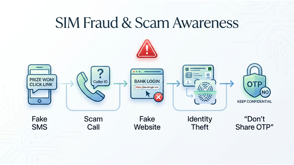 SIM fraud and scam awareness guide showing fake SMS, scam calls, fake websites, identity theft, and OTP protection.