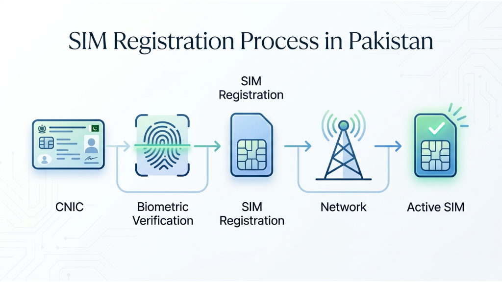 SIM registration process in Pakistan including CNIC verification, biometric verification, network registration, and SIM activation.