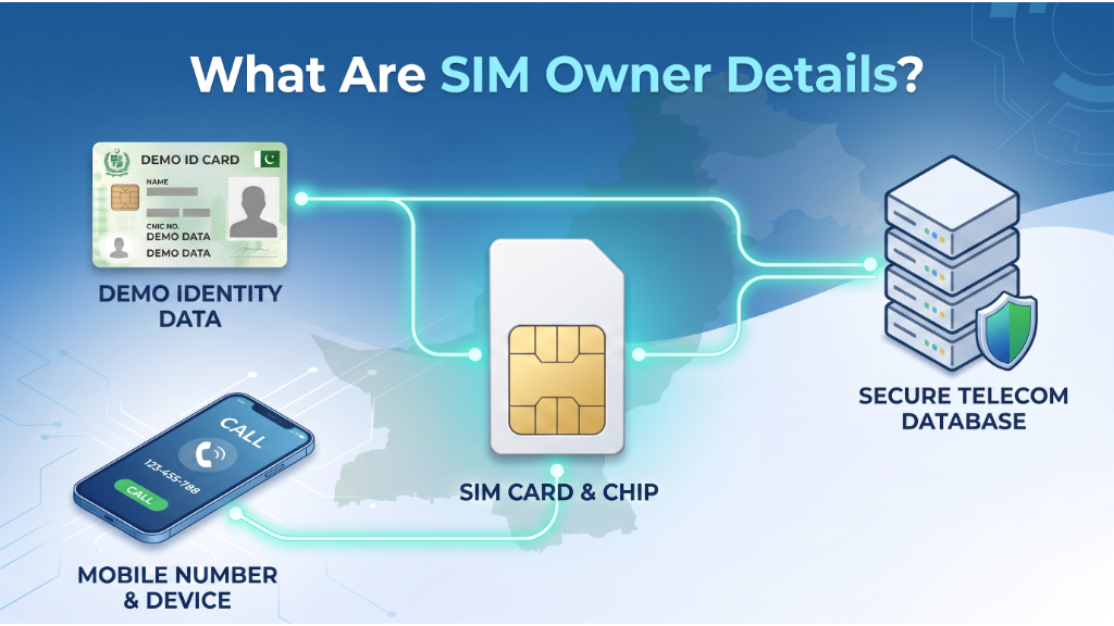 What are SIM owner details in Pakistan showing CNIC, mobile number, SIM card, and secure telecom database.