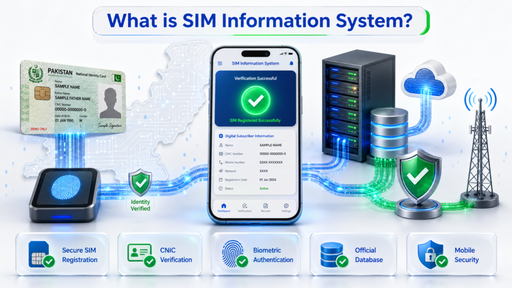 What is SIM Information System in Pakistan showing secure SIM registration, CNIC verification, biometric authentication, official database and mobile security.