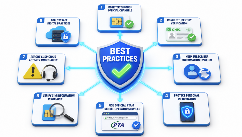 Expert recommendations and final best practices infographic for SIM Details showing official registration, identity verification, subscriber information security, and safe mobile usage.