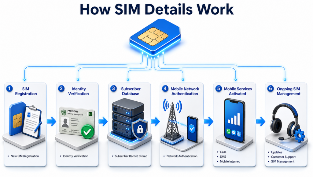 How SIM Details Work infographic showing SIM registration, identity verification, subscriber database, network authentication, mobile services, and SIM management.