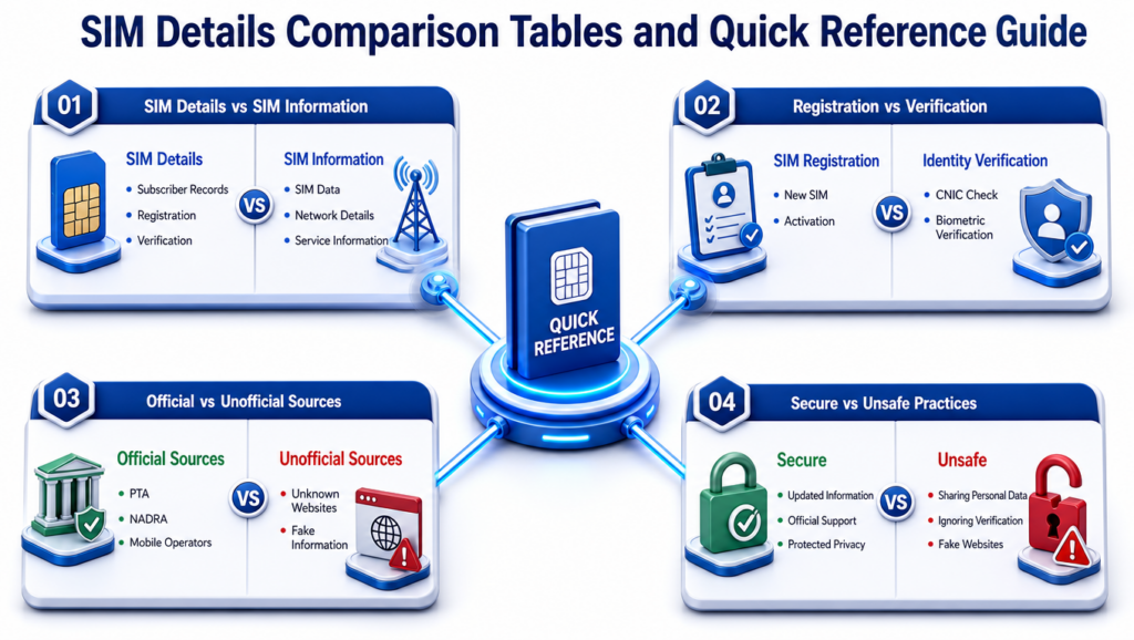 SIM Details comparison tables and quick reference guide infographic comparing SIM Details, SIM Information, registration, verification, official sources, and security practices.