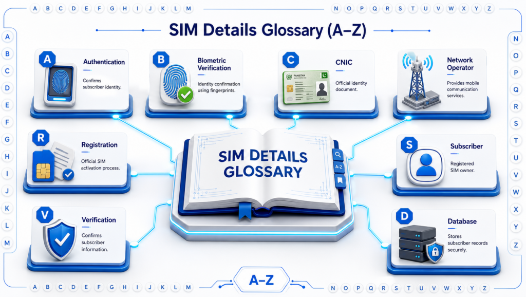 SIM Details Glossary A to Z infographic explaining authentication, biometric verification, CNIC, network operator, registration, subscriber, verification, and database.